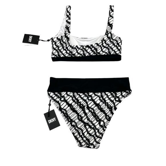 DKNY 2 PC Set Black & White High Waist Swim Bikini Top & Bottom Large / XL NWT - Picture 5 of 9
